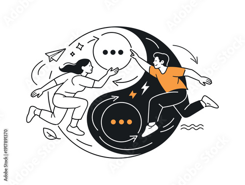 Harmony of opposites. Circular motion of contrasting shapes, dots nested within each side to