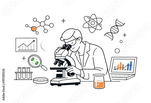 Laboratory Analysis. Scientist examining samples under a microscope, data charts and