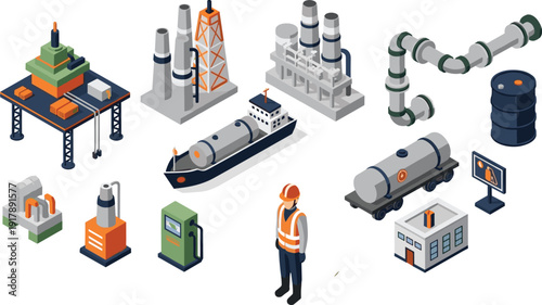 Isometric Oil and Gas Industry Set with Refinery Plant, Pipeline, Tanker Ship, Storage Barrel, Fuel Pump, and Worker Vector Illustration.