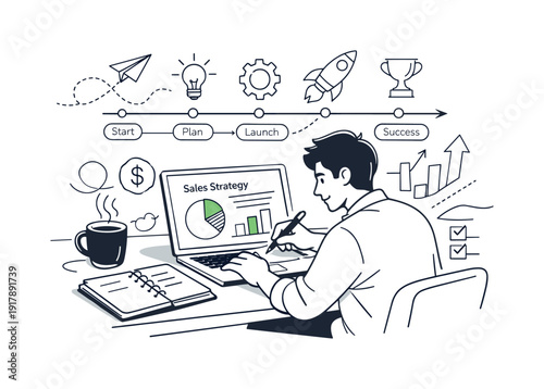 Preparing a client sales deck. Business owner refining slides, coffee cup and notebook nearby, timeline and