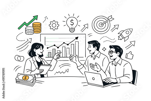 Financial data analysis meeting. Professionals pointing at dashboards with bars and line graphs, collaborative