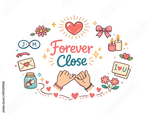 Forever Close. Hand drawn illustration of Forever Close. radiant heart, infinity symbol, couple initials,