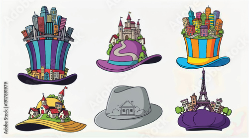 Cartoon cityscapes on various hats with buildings and landmarks  creative concept