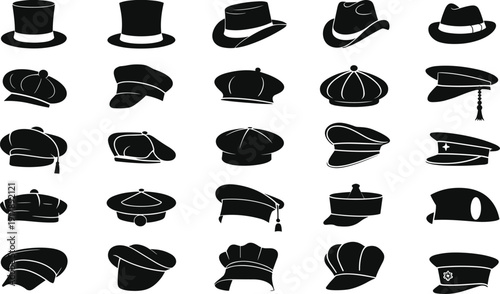 Vintage hat silhouette collection in black and white, classic headwear icon set including caps, berets, and fedoras for fashion design, logo, illustration, and retro branding