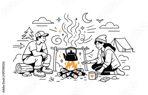 Campfire cooking outdoors. Small firewood stack burning under a kettle, sparks and steam floating upward. Cozy