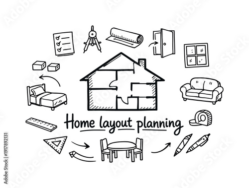 Home layout planning. Hand-drawn doodle illustration of Home layout planning. In the middle,