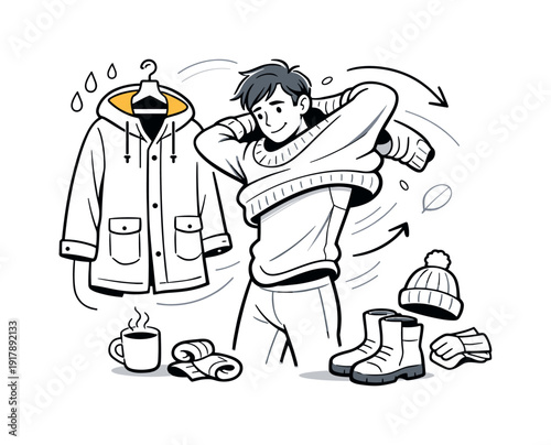 Fashion for different weather conditions. Person layering thermals under a sweater while raincoat hangs nearby