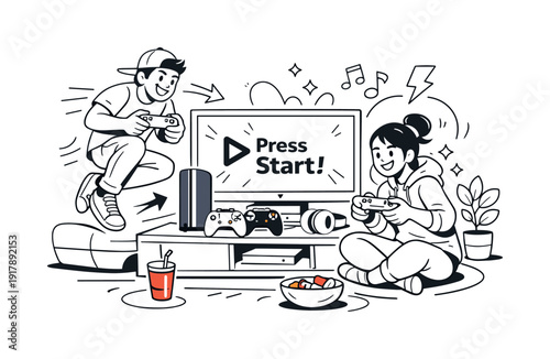 Home gaming setup. Console placed near a TV with controllers resting nearby, light motion cues showing