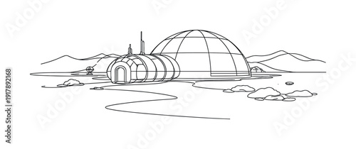 Futuristic Shelter. Minimalistic one-line drawing domed habitat on a distant planet surface expressing