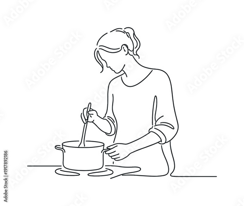 Cozy Cooking Minimalism. Cozy Home Cooking. Minimalistic one-line drawing person stirring a pot with relaxed