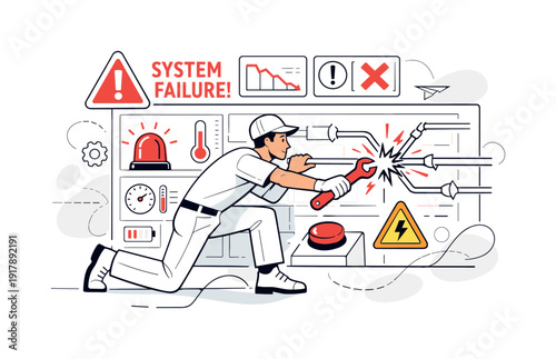 System Warning Intervention. System Failure Warning. Dashboard flashing critical indicators, broken flow lines