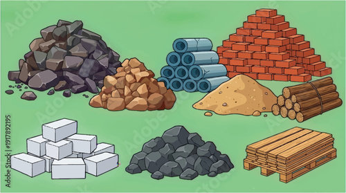 cartoon construction materials on green background