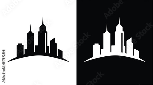 city skyline silhouette with buildings and towers on hill
