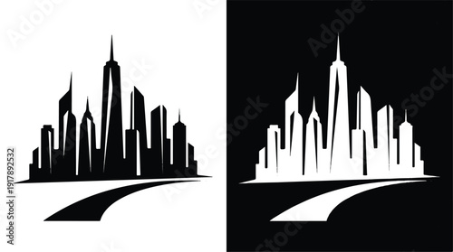 city skyline silhouette with road  urban landscape graphic