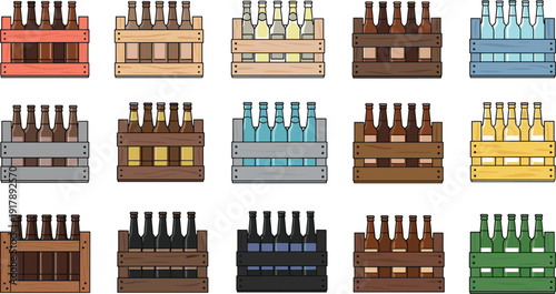 Glass Bottle Crate Vector Set Featuring Wooden Beverage Cases with Beer, Soda, and Drink Bottles for Packaging and Retail Designs