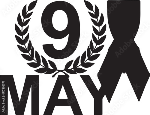 Black and white ribbon design commemorating the ninth of may with a laurel wreath and number nine