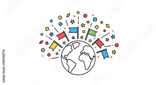 Global connections and communication symbols surround the earth with colorful flags and shapes