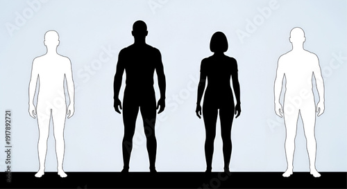 Front View Male and Female Body Silhouettes Vector, Monochrome Outline Figures, Slim Healthy People