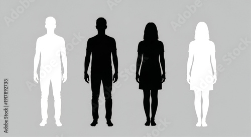 Male and Female Human Body Silhouette Vector Set, Front View Outline Figures, Full Height Contours