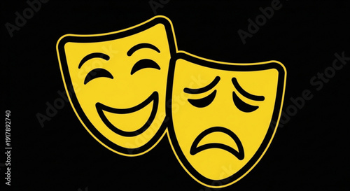 Theatrical comedy and tragedy masks on black background symbolizing drama and emotions in theater and performance arts