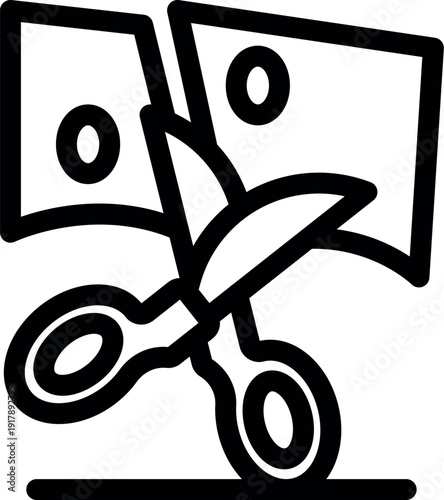 Scissors cutting banknotes symbolizing economic crisis, budget cuts, or price reductions