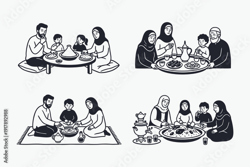 Arab and Muslim Families Sharing Traditional Meals Vector Icon Set.