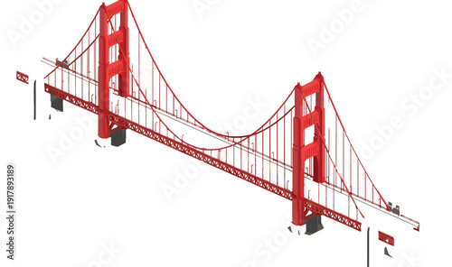 Golden Gate Bridge Isometric Vector Illustration in Red Color for Travel, Architecture, Landmark, Transportation, and Urban Design Projects