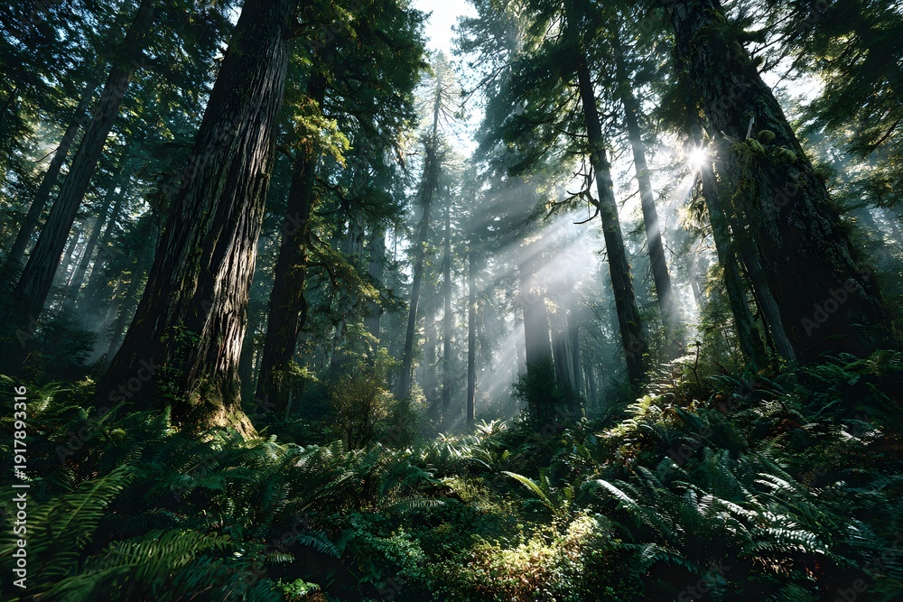 Obraz premium Majestic green forest features tall tree trunks with intense god rays and sunbeams piercing through the canopy creating a mystical vibe.