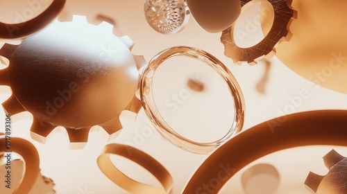 Abstract mechanical gears in metallic tones, minimalist geometric shapes on gradient background, conceptual technology theme.