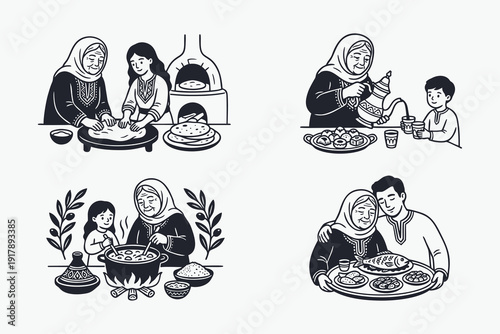 Traditional Arab Family Cooking and Intergenerational Bonding Icons