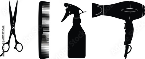 Hair styling tools arranged neatly on a white background for salon use.