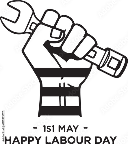Fist holding a wrench with labour day celebration message and date