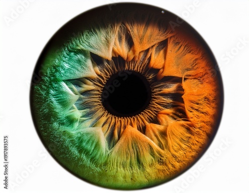 close up of an eye showcasing vibrant green and orange colors