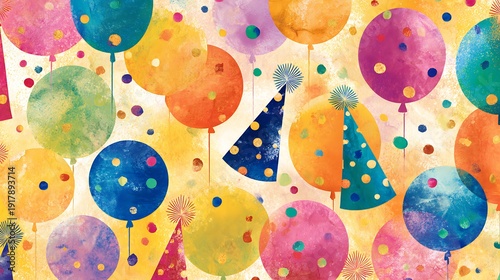 Seamless pattern of colorful balloons and party hats, cheerful festive background for celebrations