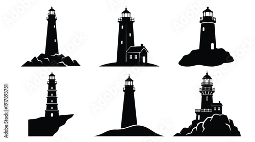 Collection of lighthouse silhouettes on various rocky outcrops and cliffs