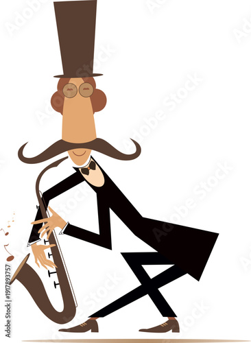 Funny long mustache man in the top hat playing saxophonist