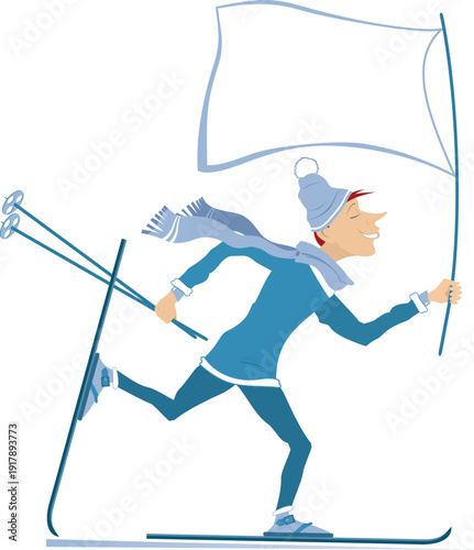Winter sport. Skier man with a flag
