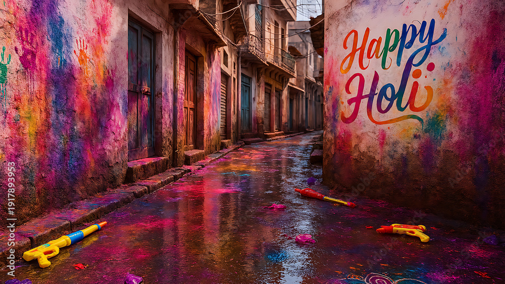 Naklejka premium Colorful narrow street in India covered in bright Holi powder and water with water guns and rangoli after festival celebration