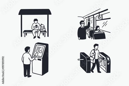 Commuting and Urban Transit Monochrome Vector Icon Set