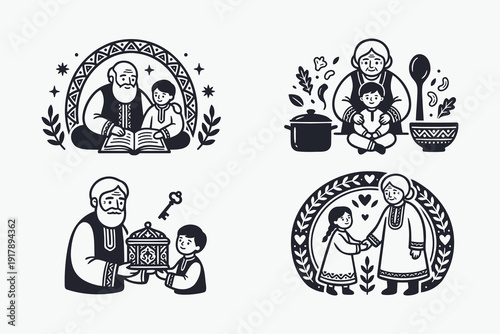 Grandparents and Children Folk Art Vignettes Set