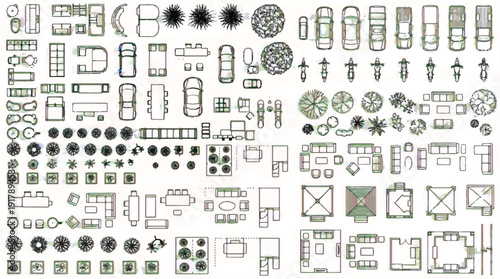 Collection of various architectural and furniture icons and symbols for design and planning purposes