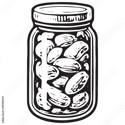 Jar of garlic cloves sketch, pickled garlic illustration, preserved food vector