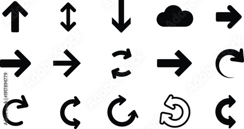 Arrow and refresh icon set, circular reload symbols, navigation direction pointers and cloud element collection for web and mobile interface, Vector illustration