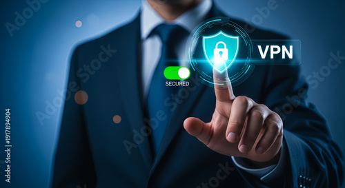 VPN Cyber Security Protection Concept with Businessman Activating Secure Network Shield Interface