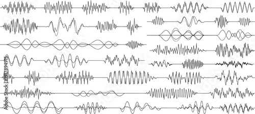 Audio waveform collection set, sound wave frequency lines, music signal pulse and voice recording amplitude elements for digital media design, Vector illustration