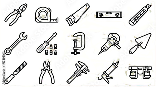 Collection of various hand tools for construction and repair work