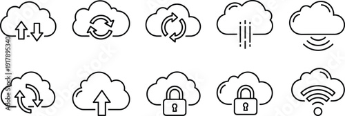 Cloud computing line icon set with upload download sync security lock and wireless connection symbols for data storage network technology, Vector illustration.