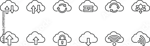 Cloud security and data transfer line icon set with upload download sync firewall database lock and wireless network symbols, Vector illustration.