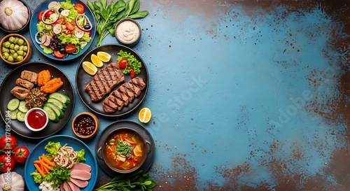 Variety of colorful dishes arranged on a rustic blue table with fresh vegetables grilled meats and appetizing sides