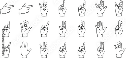 Hand gesture line icon set with counting fingers pointing sign language and communication symbols for interface instruction design, Vector illustration